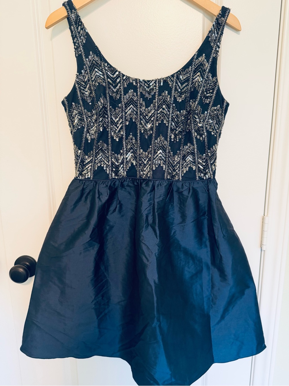 Adrianna Papell Navy and Silver Beaded Bodice Party Dress